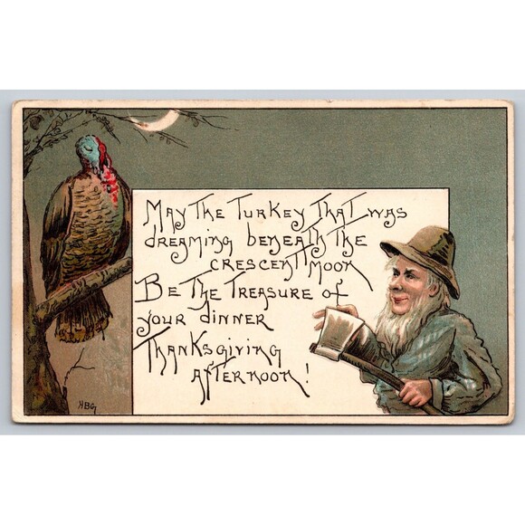Postcard Thanksgiving Turkey Man with Axe Crescent Moon Embossed Posted 1909 OH - Picture 1 of 2